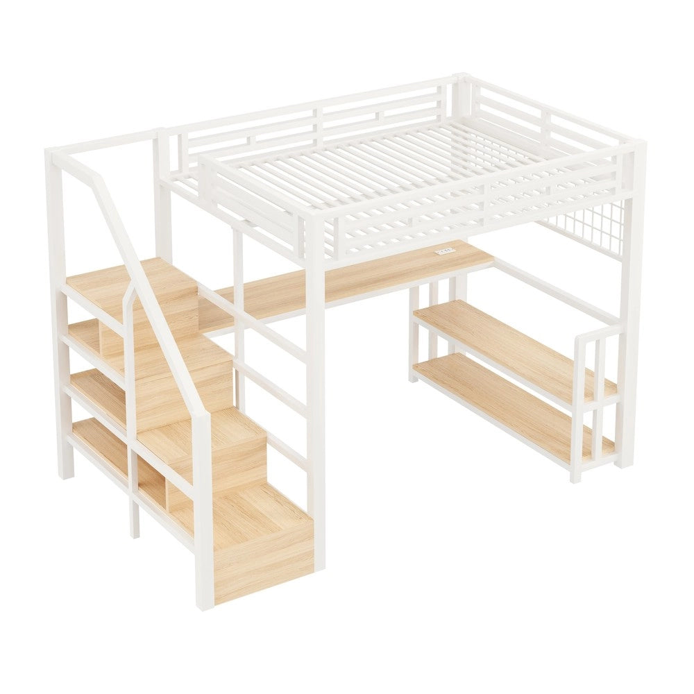 Letto a Soppalco con Scrivania e LED ¨C Xylo ¨C Bianco, 140x200, Metallo, Scaffale, Cassetti
