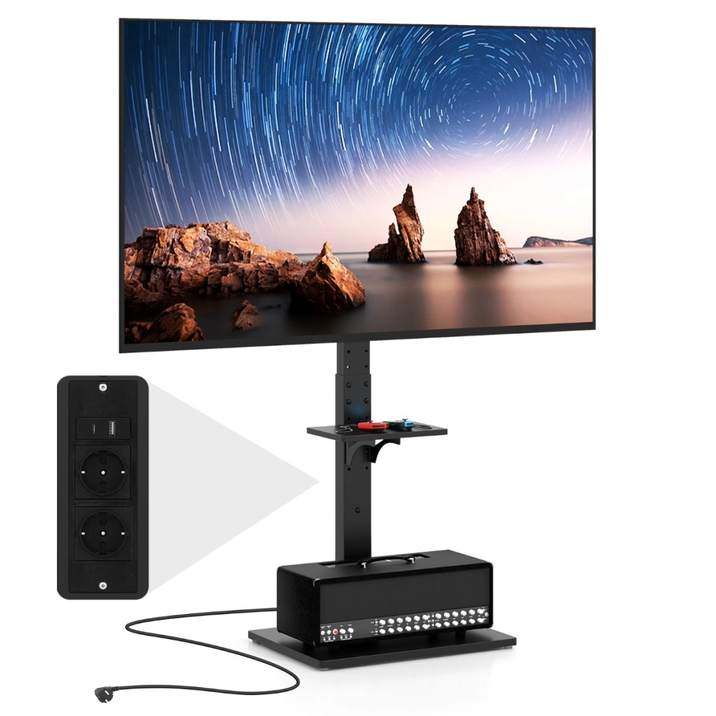 Supporto TV da pavimento con presa di corrente in altezza e inclinazione, Supporto TV universale per TV con ripiano av regolabile Nero