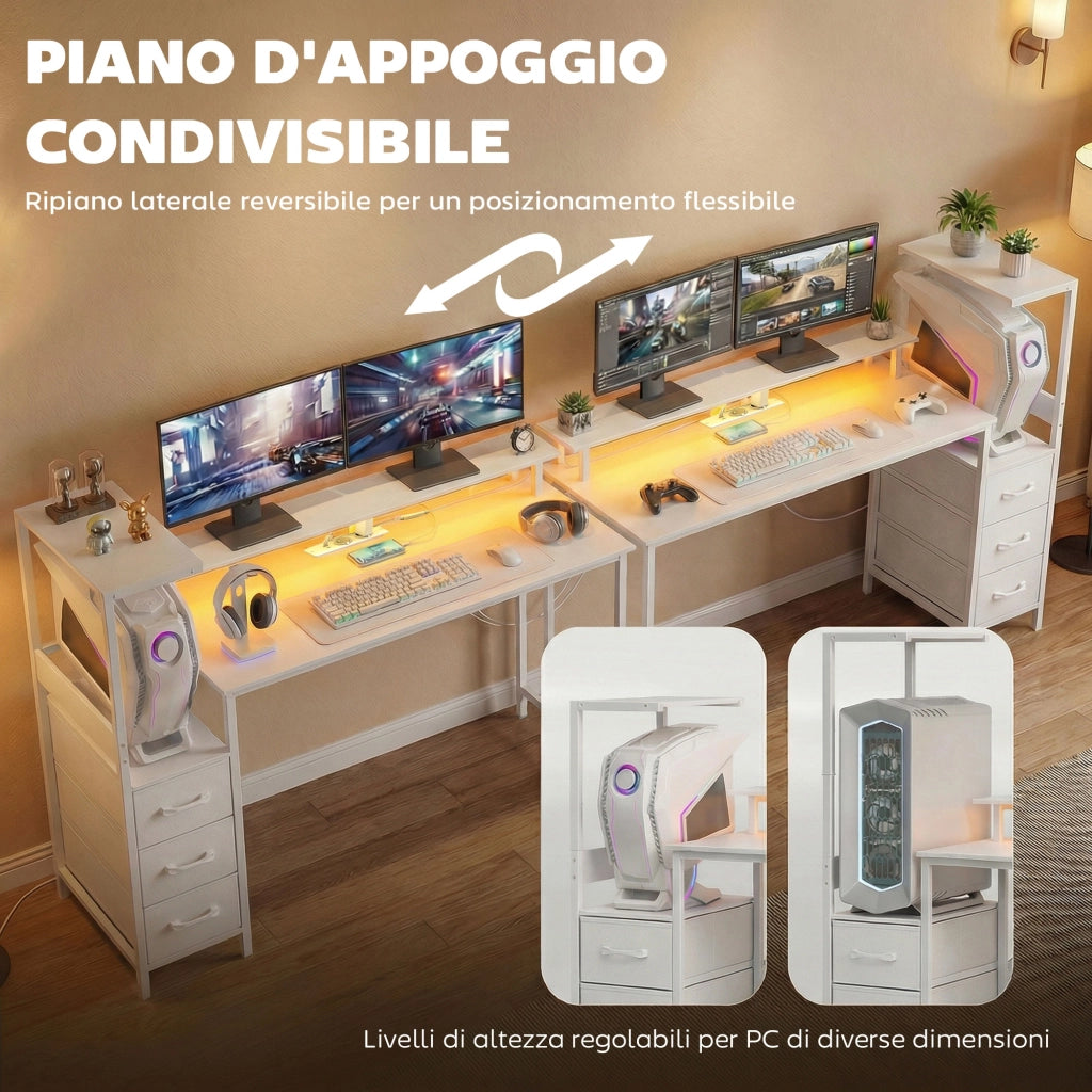 Scrivania Gaming con LED RGB - Xylo - Bianco 147cm Supporto Monitor 3 Cassetti USB Porta Computer