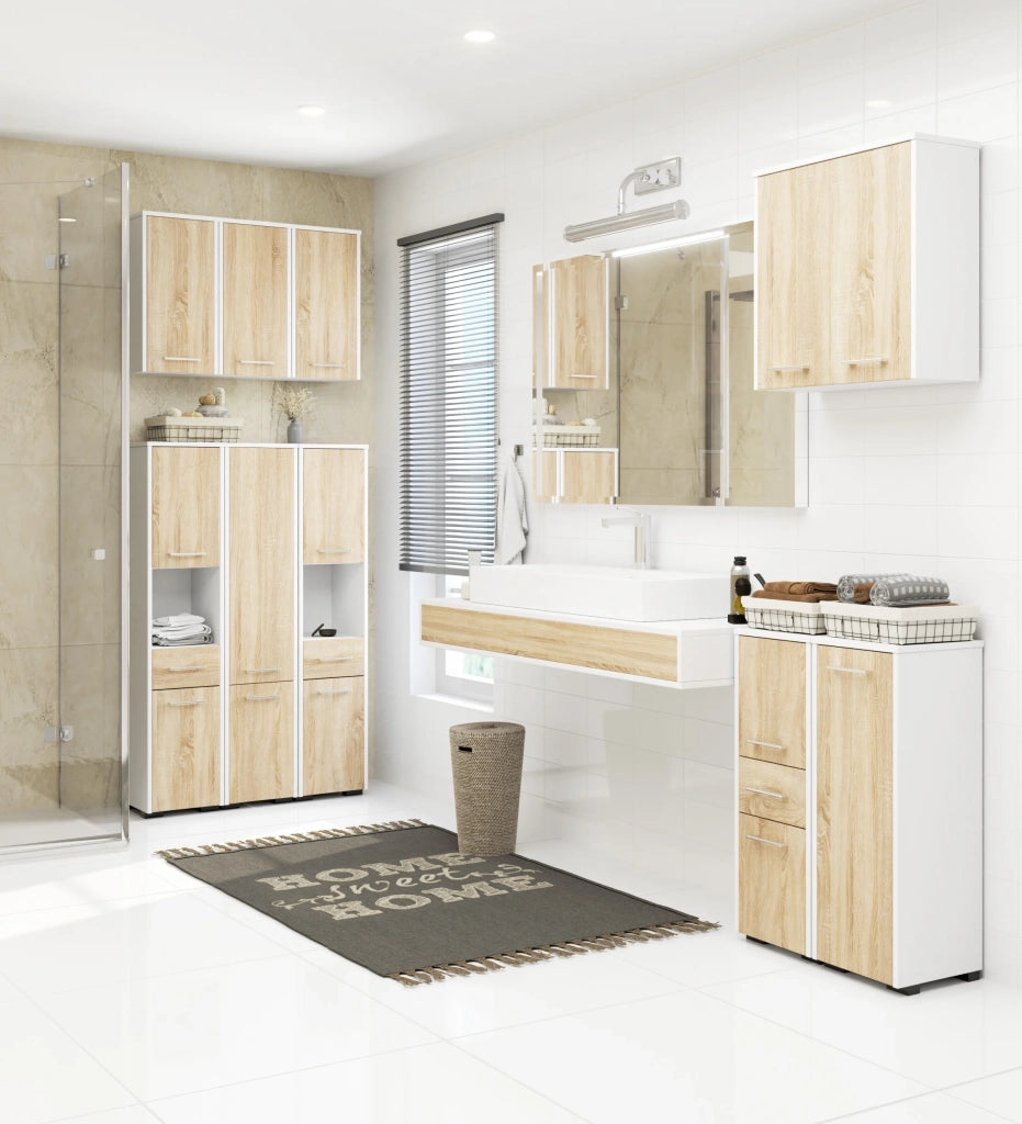 Colonna da bagno AKORD FIN Bianca 30 cm 2 ante 1 cassetto inserto frontale Sonoma Quercia 30x30x140 cm