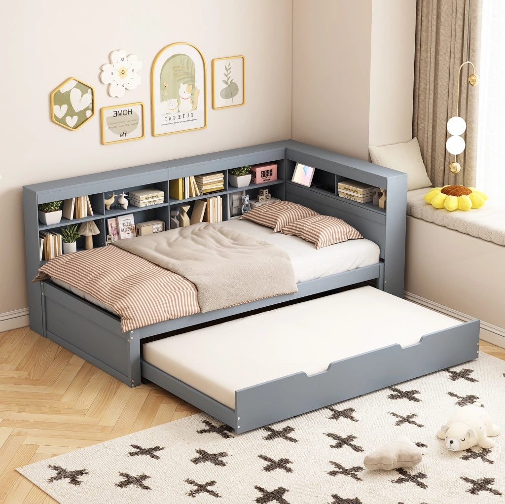 Letto multifunzione 90x200 con letto estraibile, USB e vani contenitore