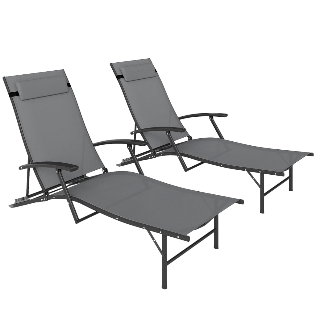 Set 2 Sdraio da Giardino Pieghevoli con Schienale Regolabile su 4 Livelli e Cuscino, Grigio
