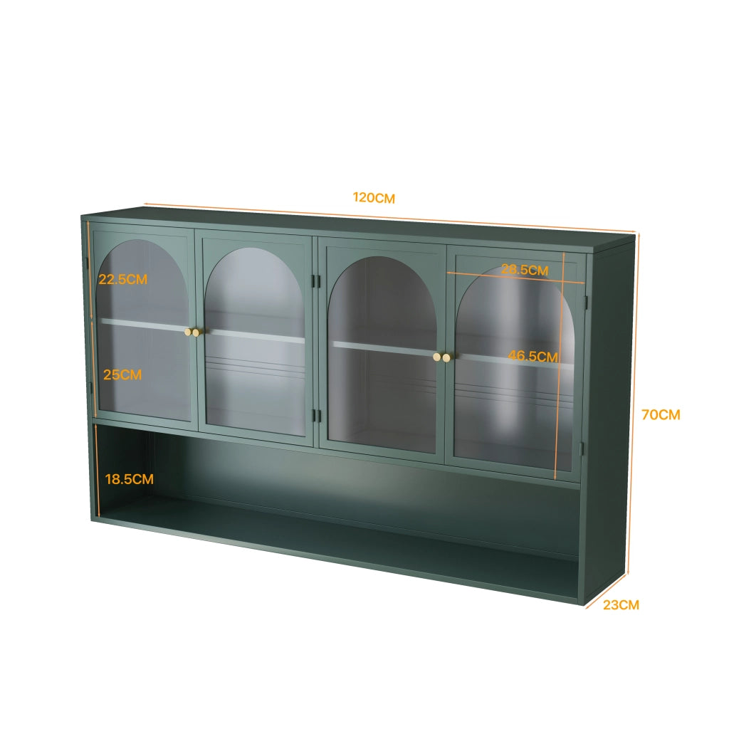Pensile a 4 ante in vetro e metallo, stile industriale, per cucina e soggiorno, verde scuro, 120 × 23 × 70 cm