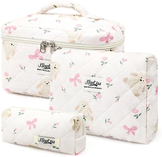 Set di Trucchi da 3 per Donna - Organizzatore di Cosmetici - Borsa - Custodia per Gioielli - Tela con Disegno di Fiori