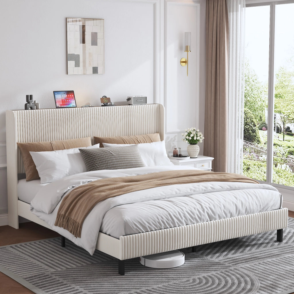 Letto imbottito matrimoniale 180×200 cm con testiera in corduroy; struttura metallica e materasso escluso; beige crema