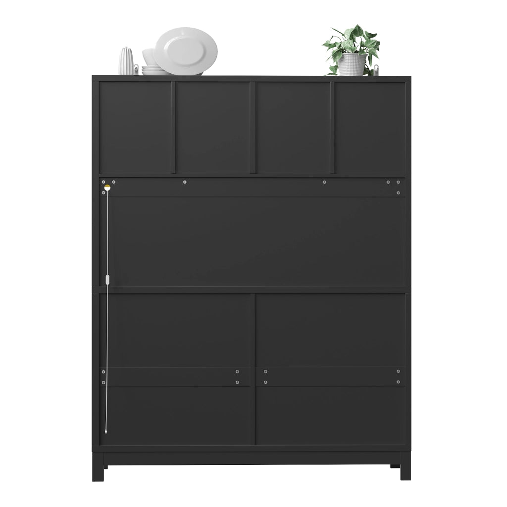 Credenza alta con 4 cassetti; ripiani regolabili e ante in vetro con LED RGB per cucina e soggiorno; 140×38.5×180 cm