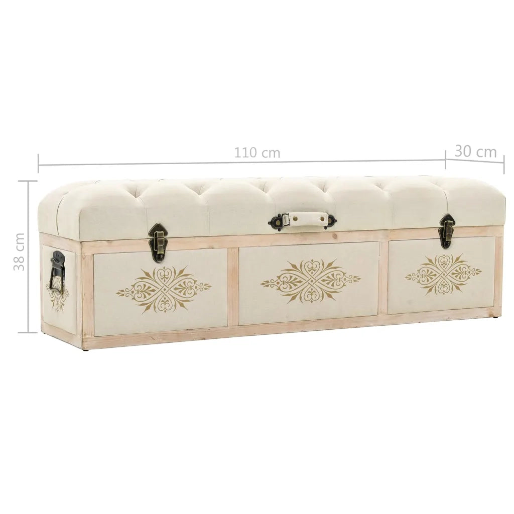 Panca Contenitore-Panca con Vano Portaoggetti-Sgabello 110 cm Crema in Abete Massello e Tessuto