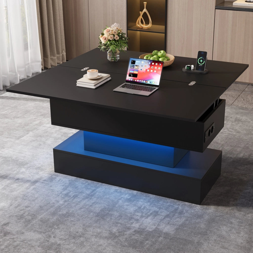 Tavolino da salotto elevabile con vano contenitore; LED e presa integrata per soggiorno; 100×50×51.5 cm