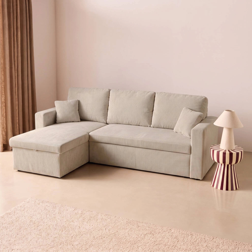 Divano letto angolare reversibile in velluto a coste, 3 posti, beige