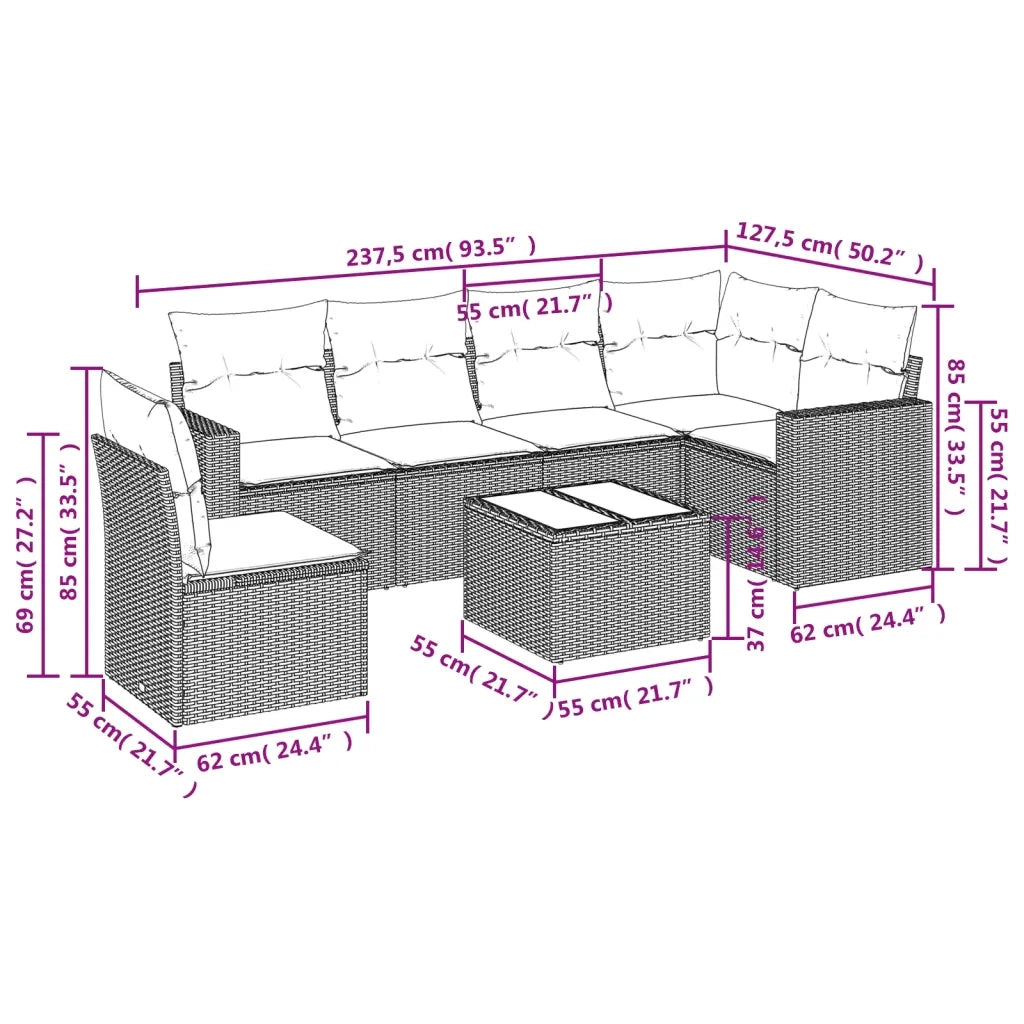 Set Divani da Giardino 7pz con Cuscini Grigio Chiaro Polyrattan
