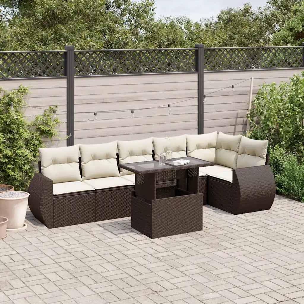 Set Divani da Giardino 7 pz con Cuscini Marrone in Polyrattan