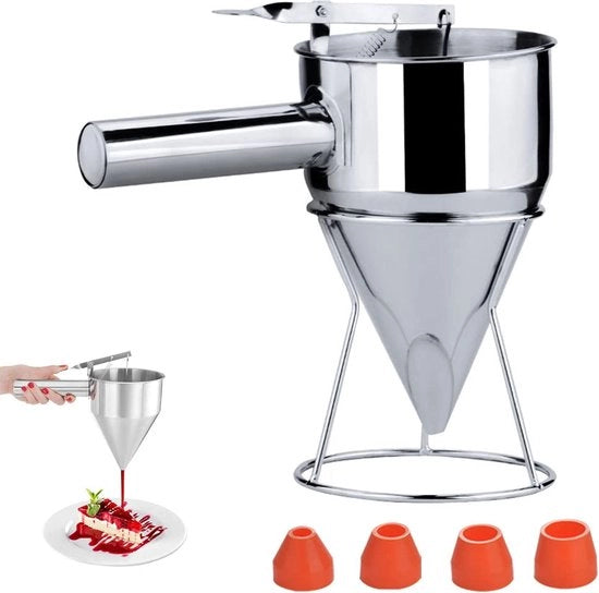 Bicchierino da forno, 18 mm foro in acciaio inossidabile, dispensatore per pancake, dispensatore per impasto in acciaio inossidabile con griglia per uso domestico, cucina, panetteria, dessert, utensili da cucina in acciaio inossidabile (con 4 fessure)