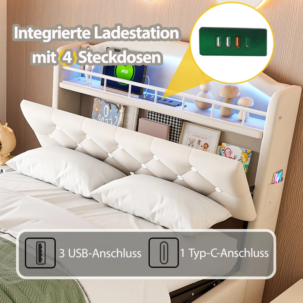 LETTO imbottito 90x200 cm in velluto beige con contenitore, LED e USB