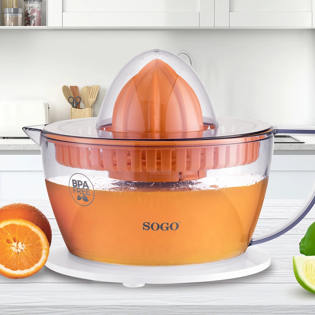 Spremiagrumi elettrico 0,5L con doppio cono e rotazione bidirezionale, 40W con avvio automatico e caraffa BPA free - Sogo