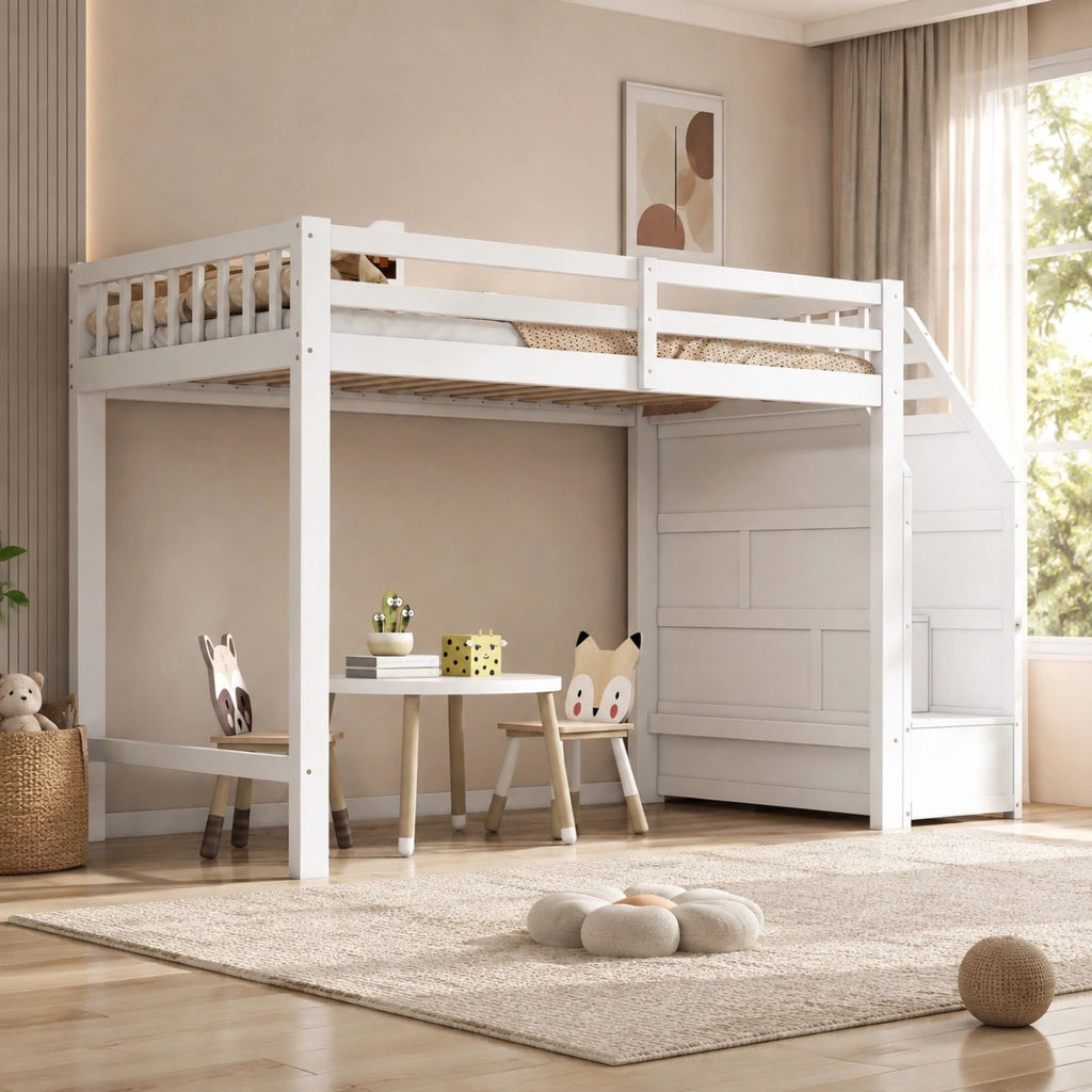 Hochbett per bambini 90x200 cm, in legno di pino, con sponde di protezione, scala con contenitore, rete a doghe, bianco