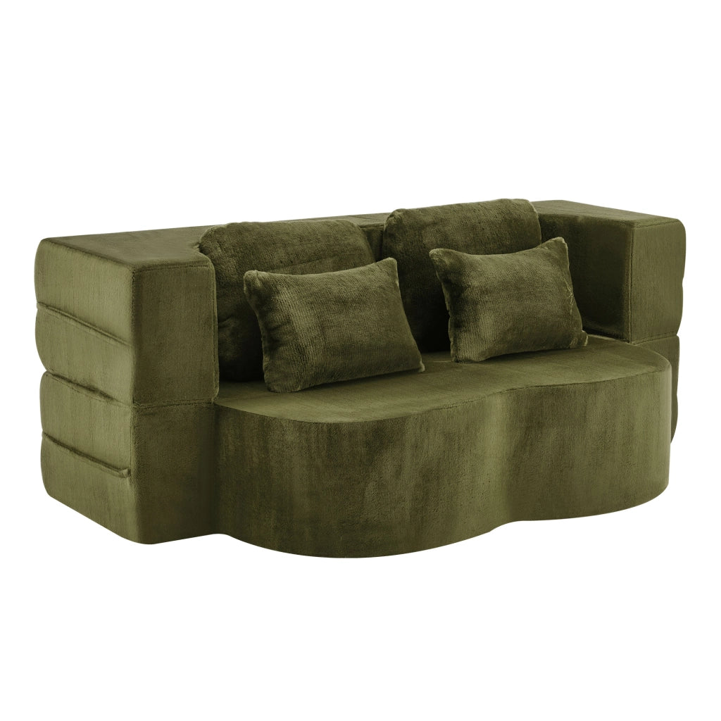 Divano letto modulare verde 2 in 1, 4 cuscini, tessuto peluche, schiuma e molle