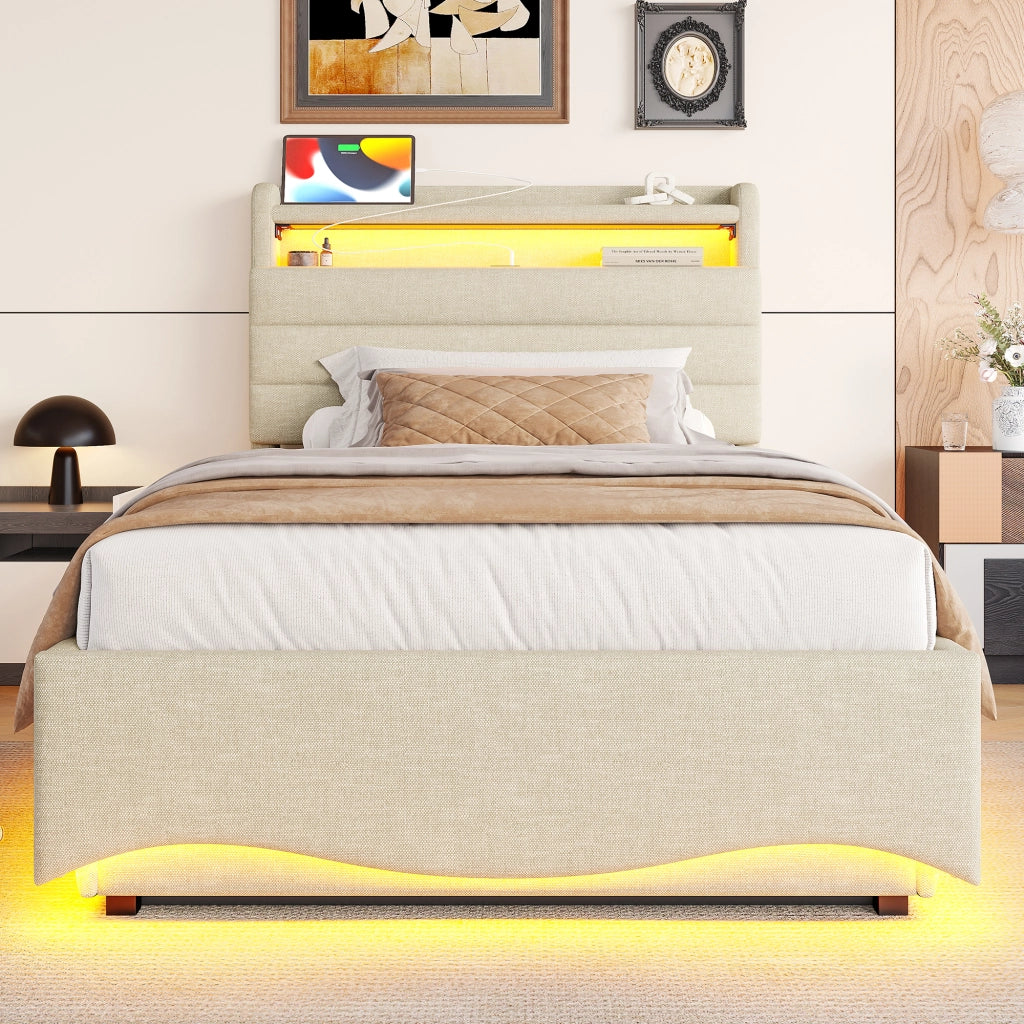 LETTO Contenitore 90x200 cm in lino beige con LED, USB e Type-C
