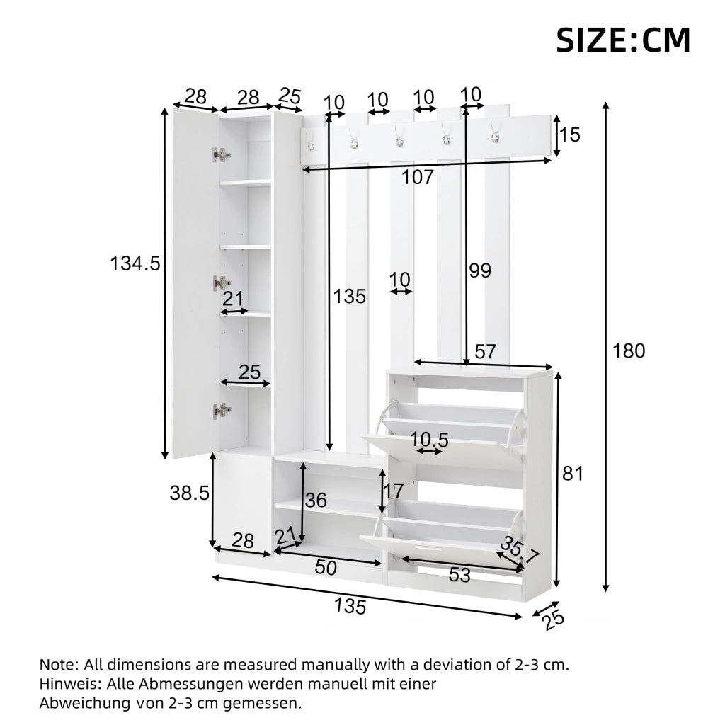 OKWISH Set da 1 Mobile da Ingresso con Specchio, 2 Scarpiere, Ripiani e 5 Ganci, Pannello di Truciolare Bianco