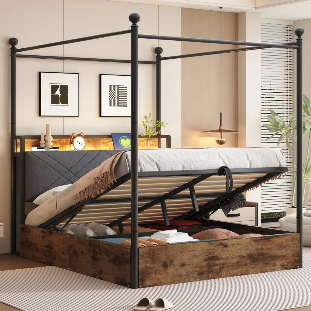 Letto matrimoniale multifunzione con contenitore, LED e porte USB/Type-C