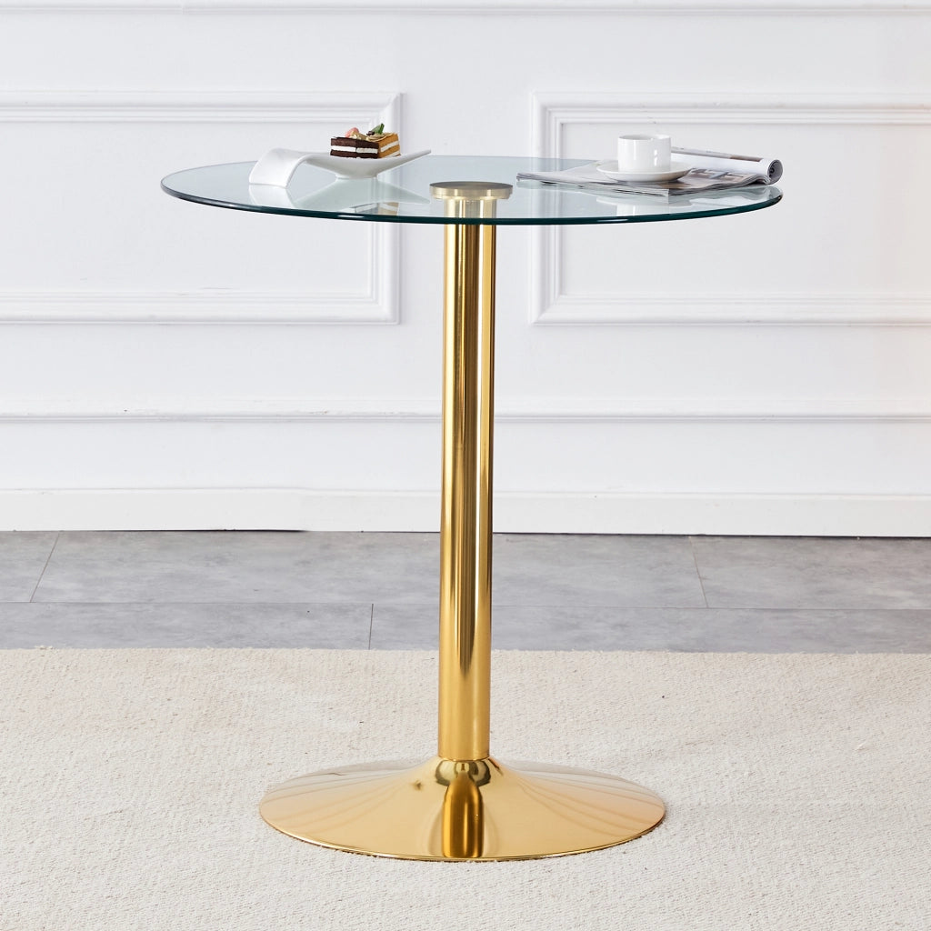 Tavolo da pranzo alto rotondo con piano in vetro e base stabile in metallo, per bar, cucina e locali, oro e trasparente