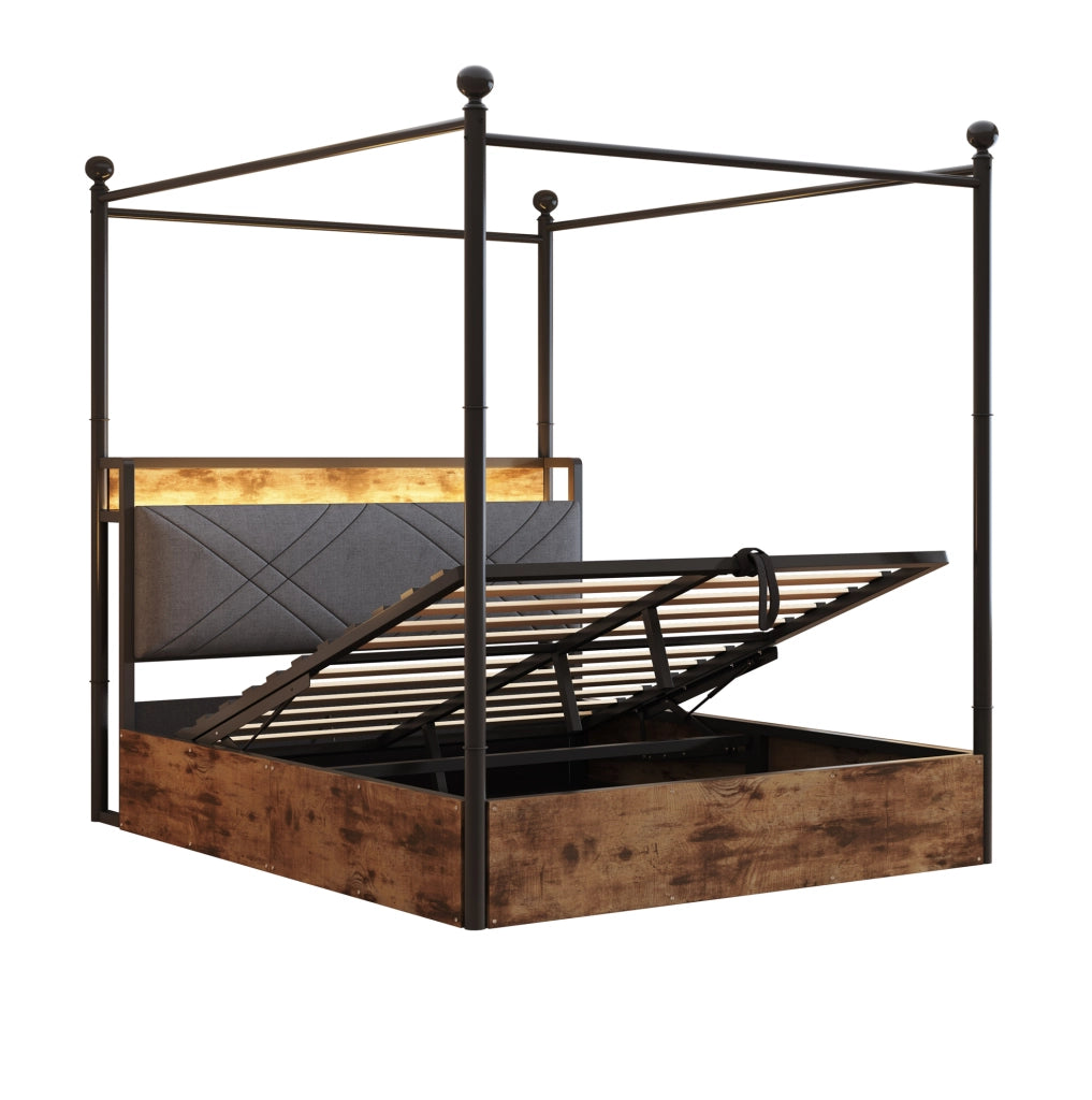 Letto 140x190 cm con baldacchino removibile; contenitore e LED in metallo e legno nero