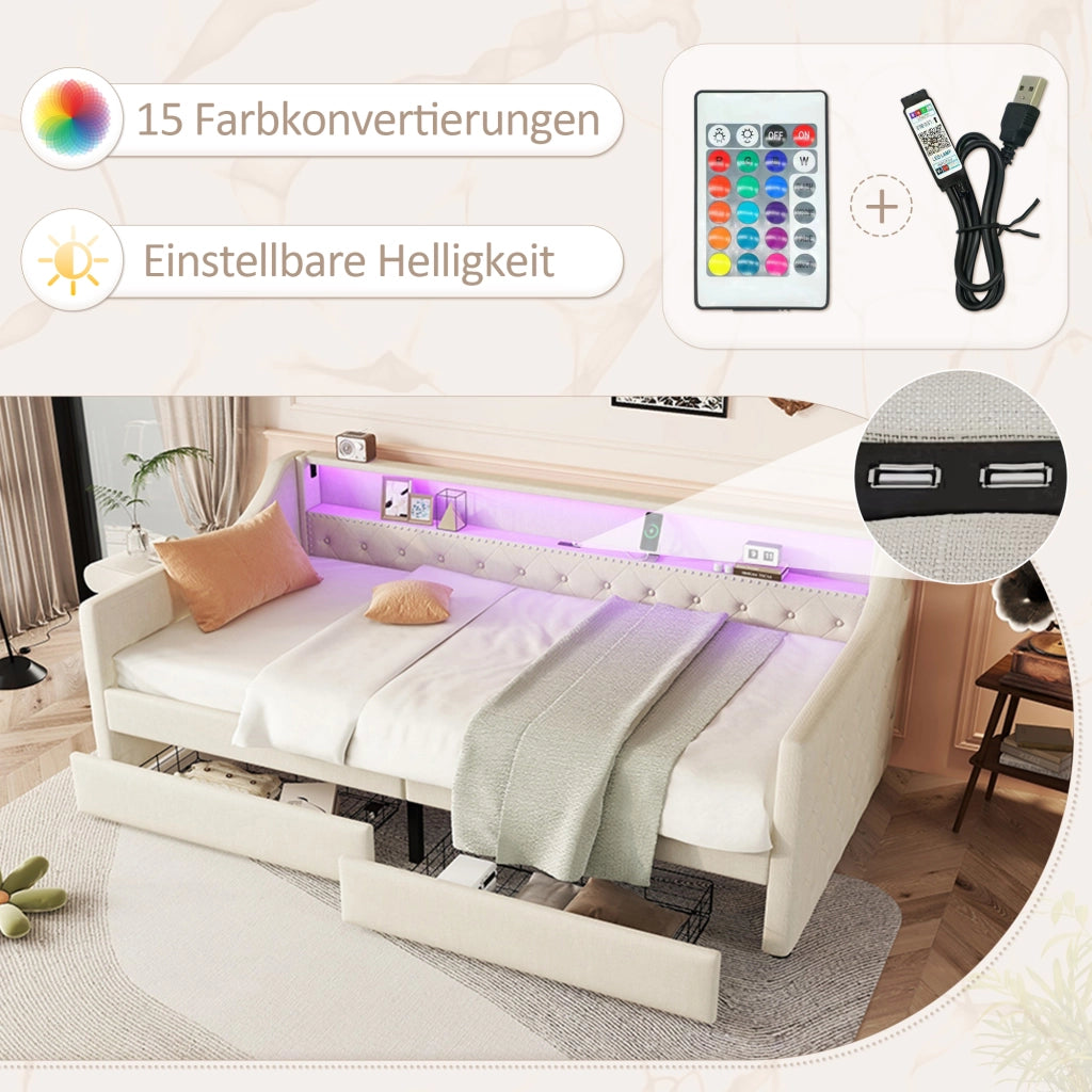 Letto singolo 90×200 cm con LED; USB e 2 cassetti; rete inclusa; senza materasso; lino; beige