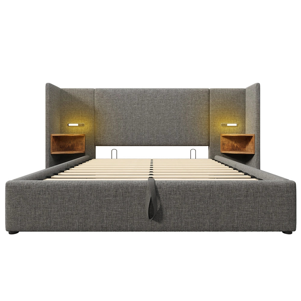 Letto matrimoniale 160x200 cm - Xylo - Grigio con comodini e lampada USB-C