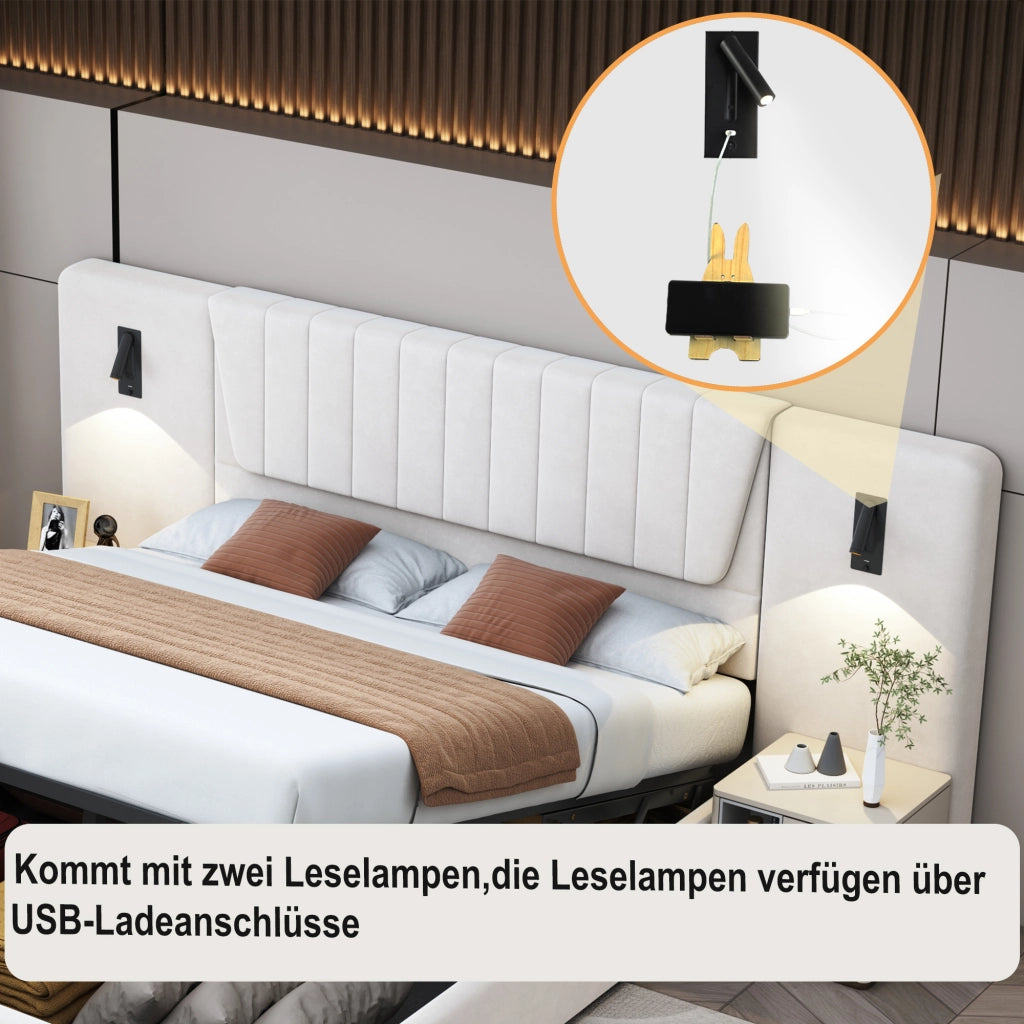 Letto imbottito 180x200cm - Zephmum - Schienale lungo, lampada regolabile, USB, idraulico, velluto, beige