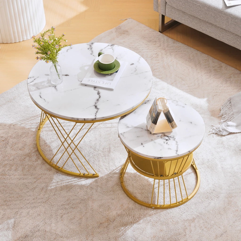OKWISH Tavolini Bassi Impilabili Rotondi con 2 Piani, Piedini Regolabili, Finitura Lucida, per Soggiorno, MDF, Bianco