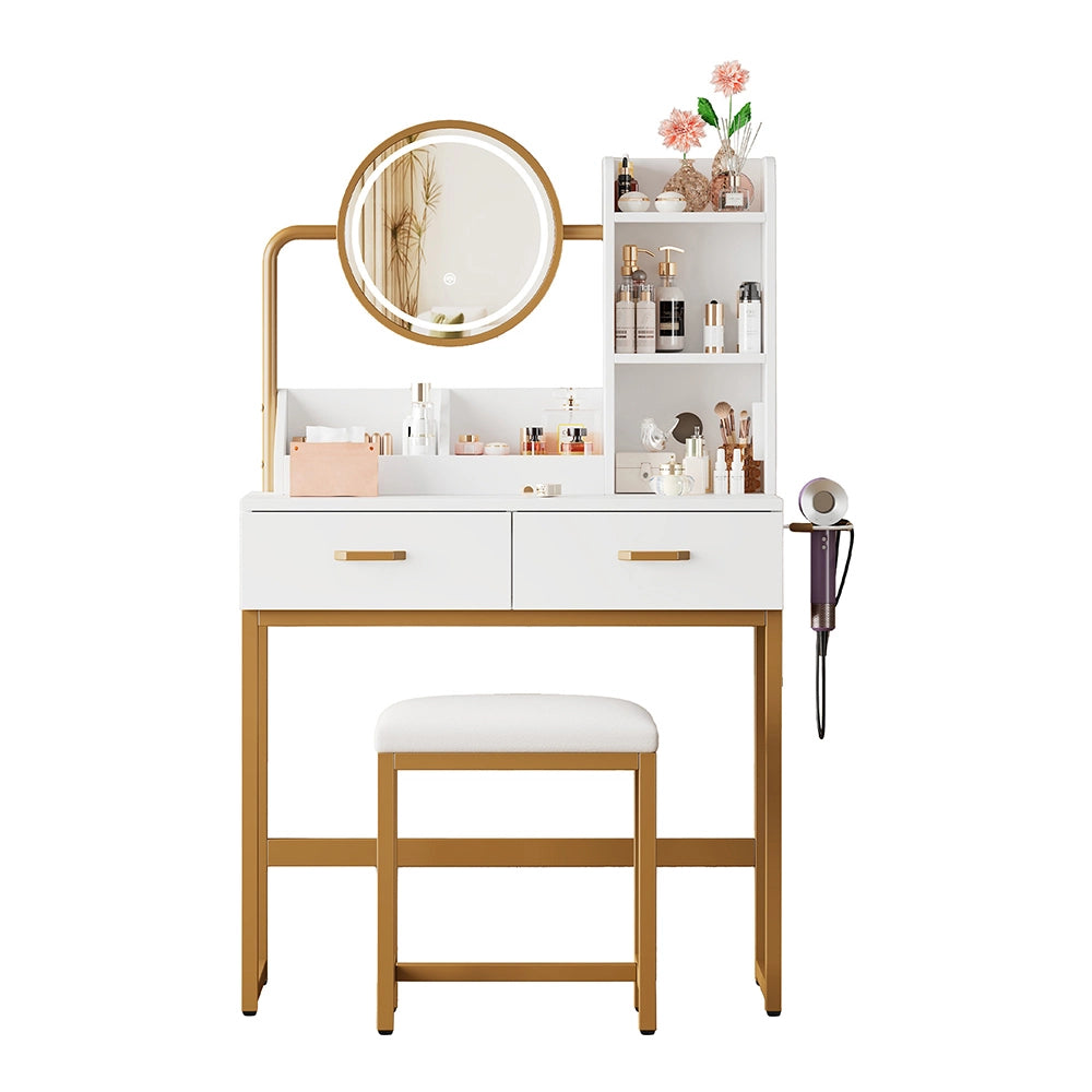 Toilette moderna con illuminazione LED - Xylo - 80x138.5x40 cm - Bianco - Specchio girevole, prese elettriche, 2 cassetti + 2 scaffali aperti