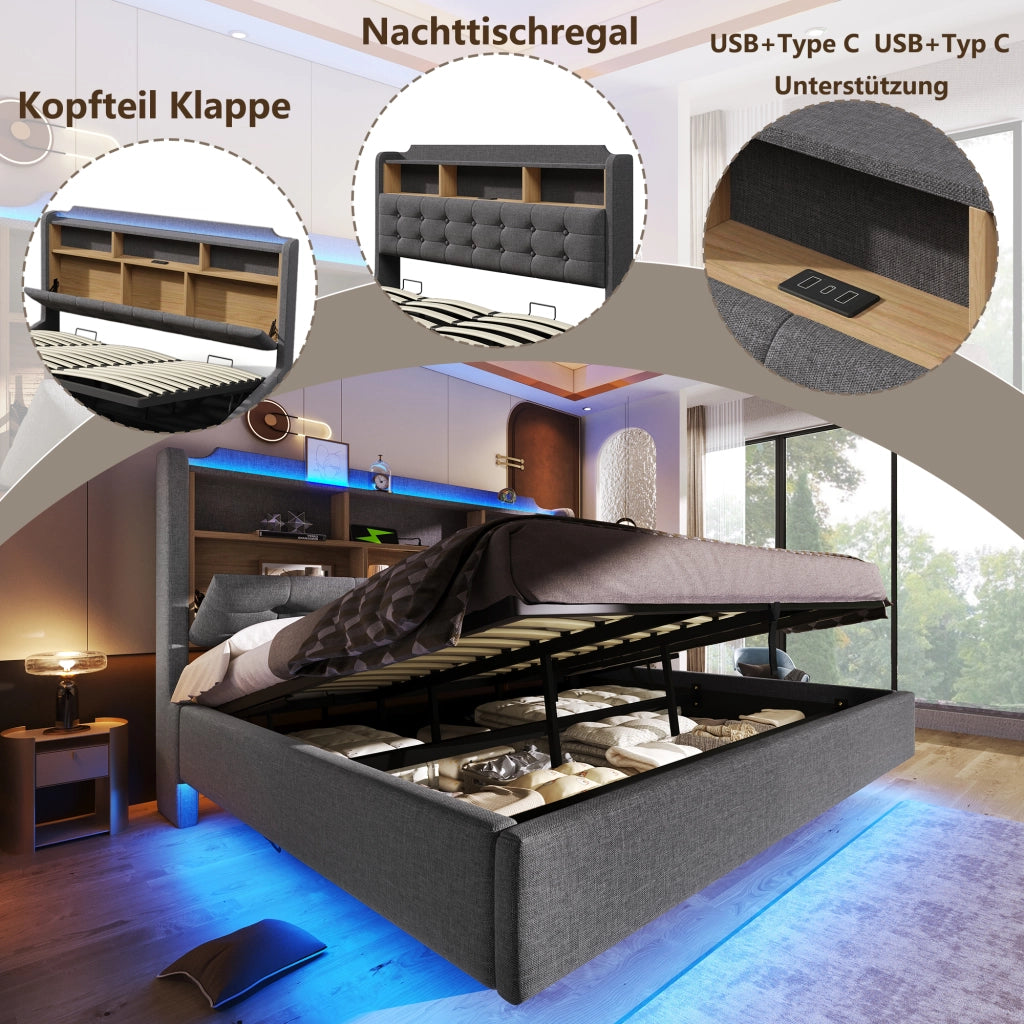 LETTO Contenitore 180x200 cm Grigio in Lino e MDF con LED, USB e Type-C