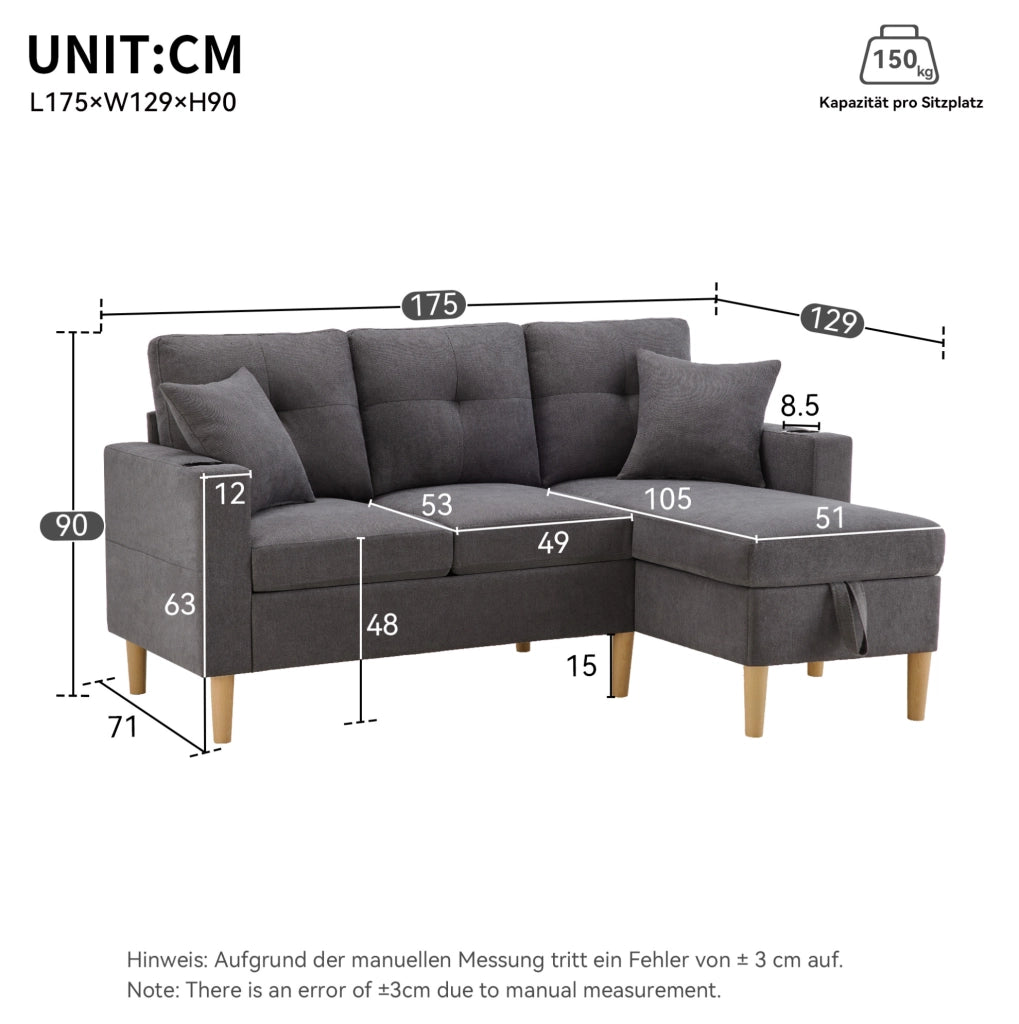 Divano angolare con chaise longue reversibile; contenitore; porta bicchieri e 2 cuscini; 175 cm; grigio scuro