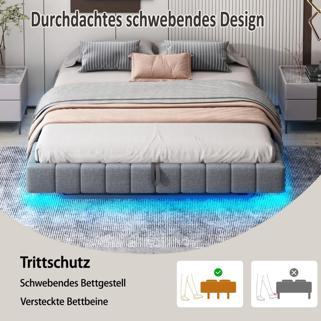 Letto matrimoniale imbottito fluttuante senza testiera; LED e contenitore a gas; lino grigio; 180x200 cm; senza materasso