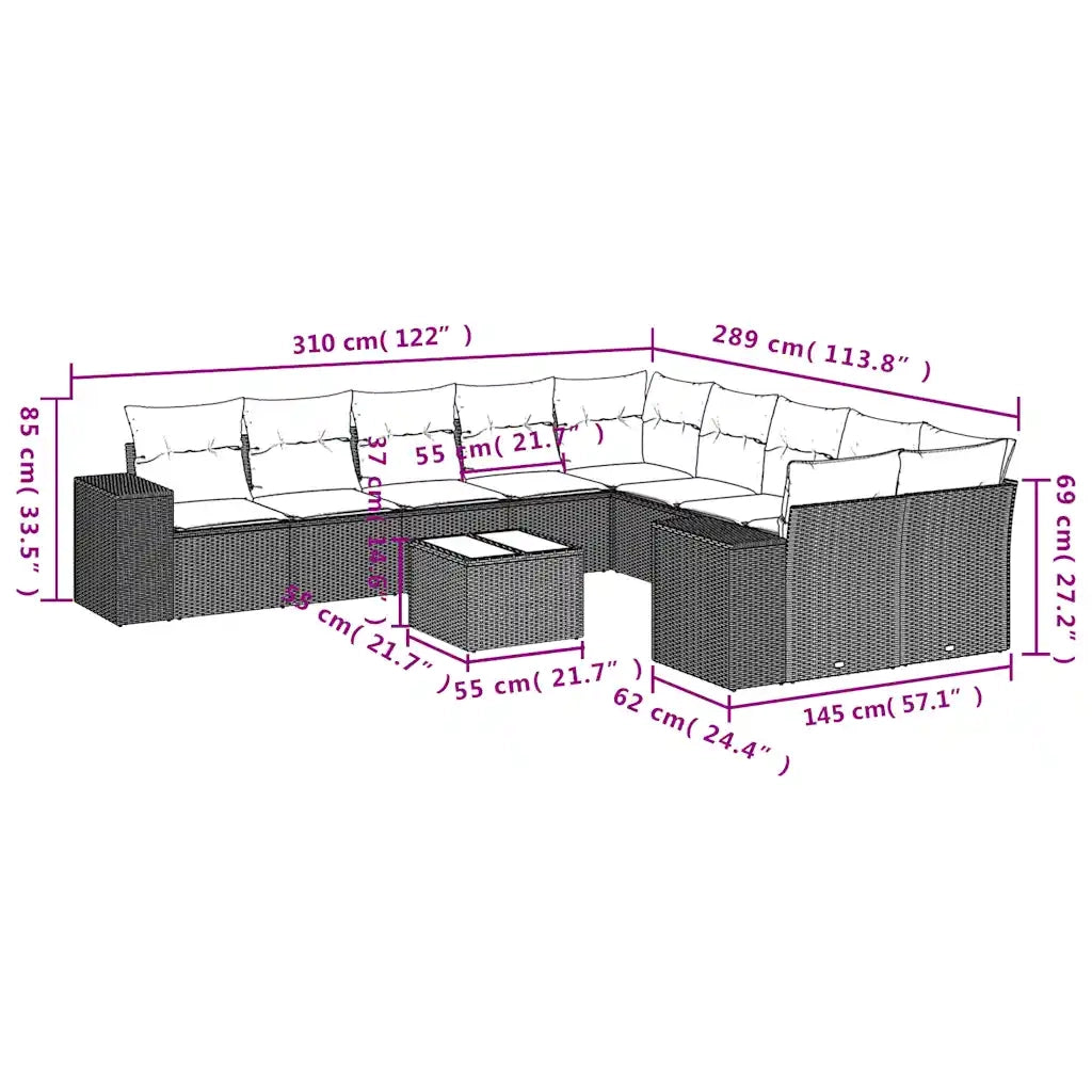 Set Divani da Giardino 11 pz con Cuscini Polyrattan Marrone
