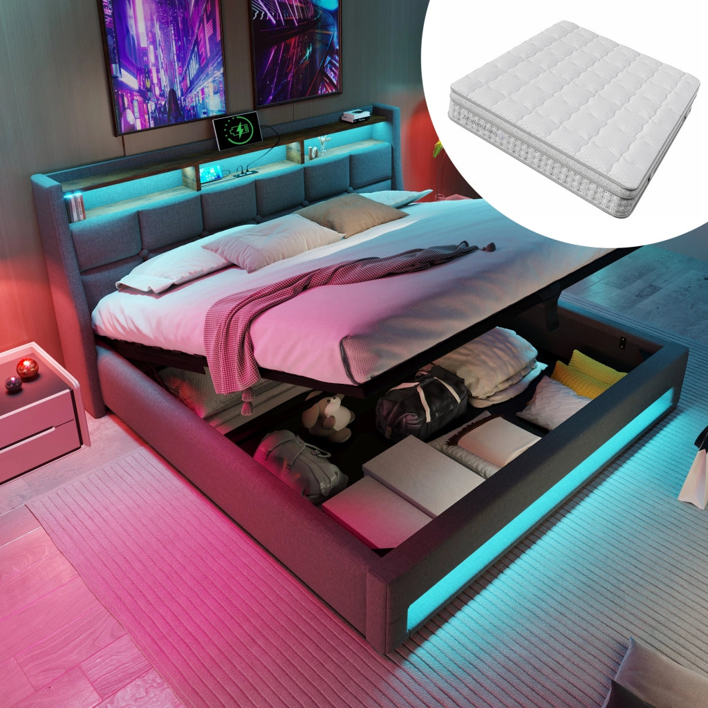 Letto matrimoniale contenitore 140×200 cm con LED; USB; testiera imbottita e materasso incluso; grigio