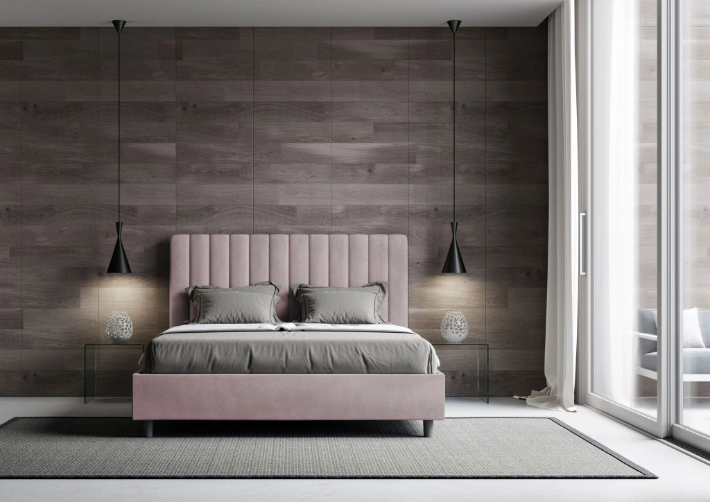 BS COM Letto queen size con rete imbottito 150x200 microfibra glicine