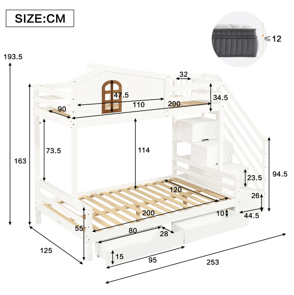 Letto a castello per bambini con 2 cassetti, scala ad angolo e finestre decorative