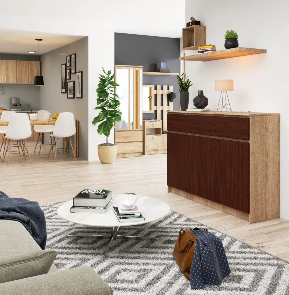 Cassettiera AKORD K140 Sonoma Quercia 138 cm 3 ante 3 cassetti inserto frontale Wengé 138x40x99 cm