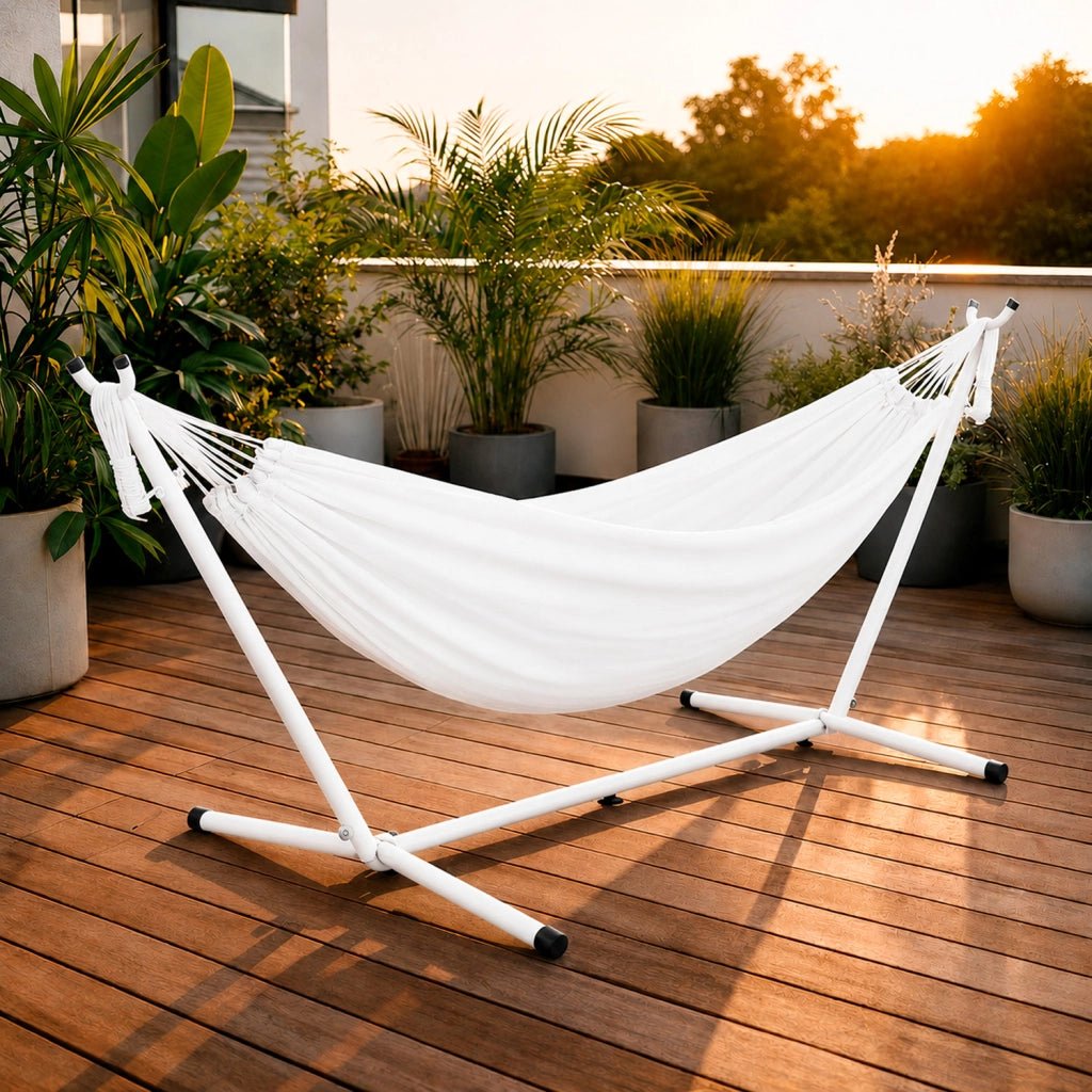 Amaca Da Giardino Con Telaio In Acciaio Portata 200 Kg Altezza Regolabile Telo Cotone Resistente Per Terrazzo Piscina Balcone Esterno Con Borsa 265 x 110 x 100 Cm Bianco