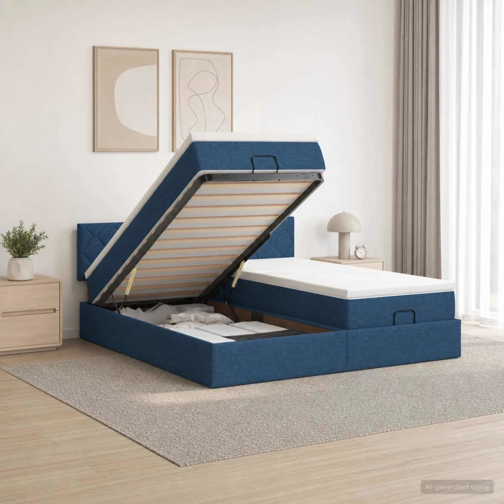 Letto ottomano con materasso con testiera 2 pz Blu Tessuto 3456725