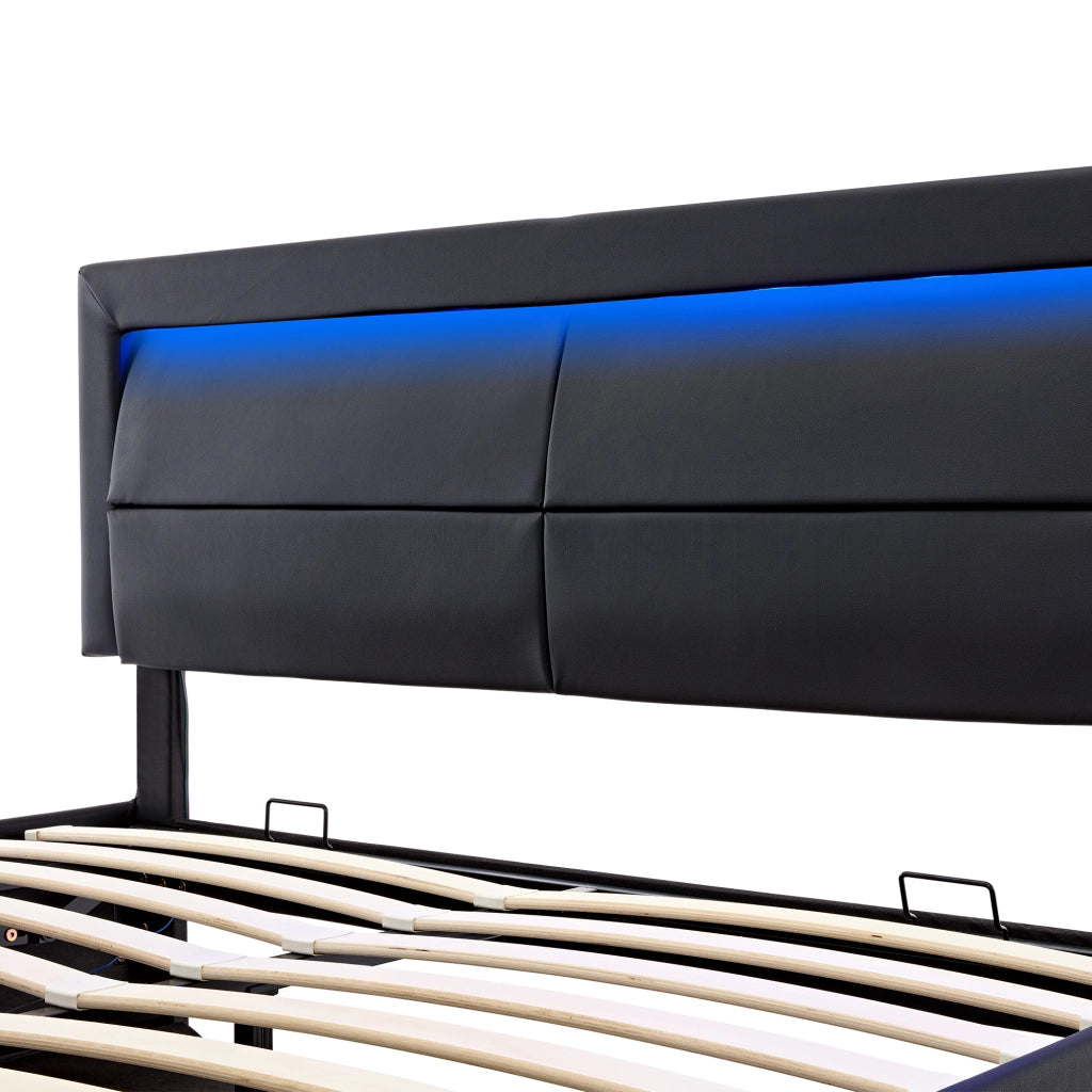 DESMIU Letto matrimoniale 140 × 190 cm 2 posti con porta USB, LED regolabile e vano contenitore, senza materasso, in PU nero