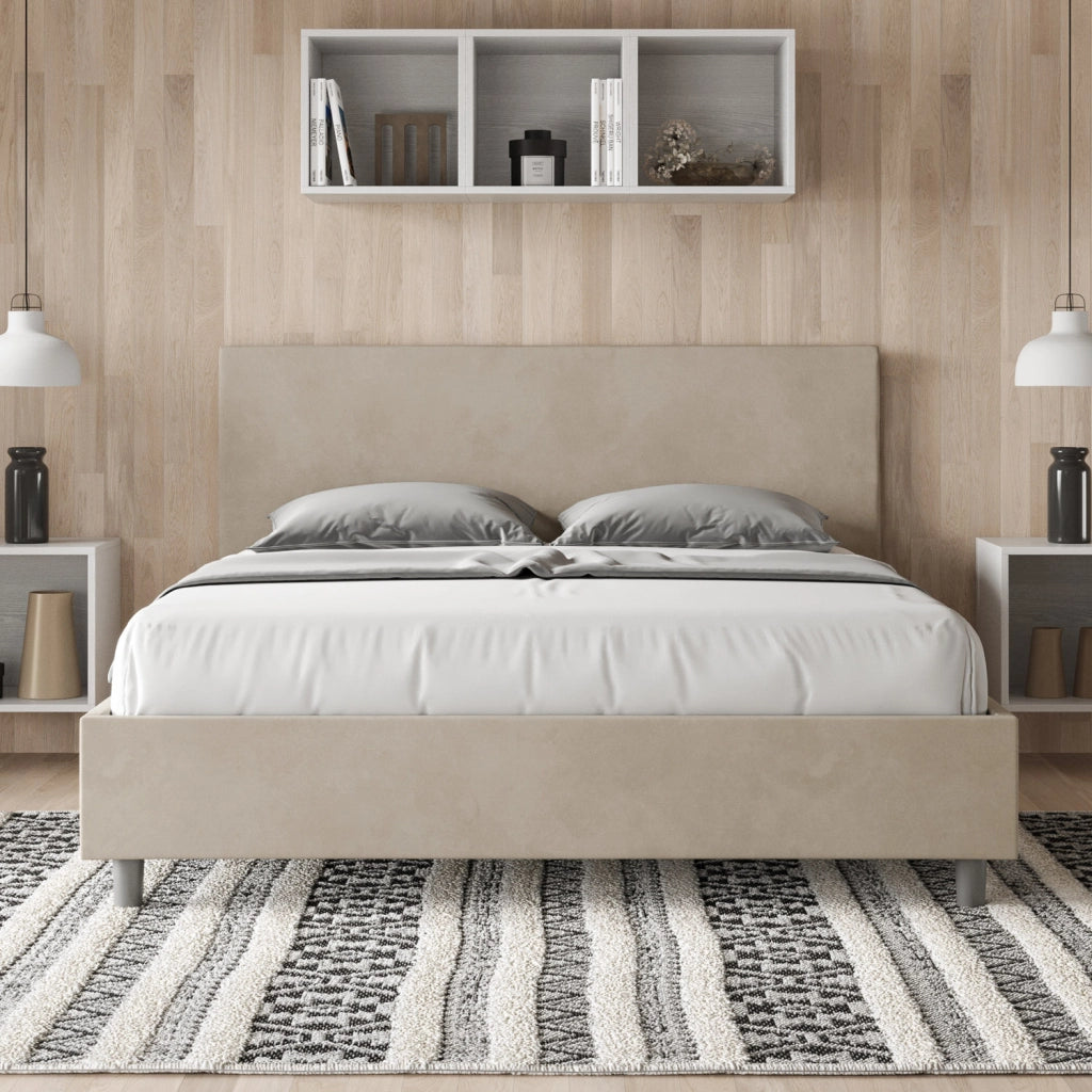BS COM Letto queen size contenitore imbottito 150x190 microfibra sabbia