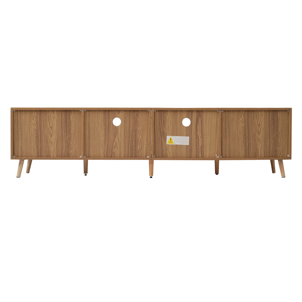 Mobile TV in truciolare effetto rovere con dettagli in rattan sintetico, 200x37x49 cm, 2 ante, 2 cassetti, gambe regolabili, montaggio facile