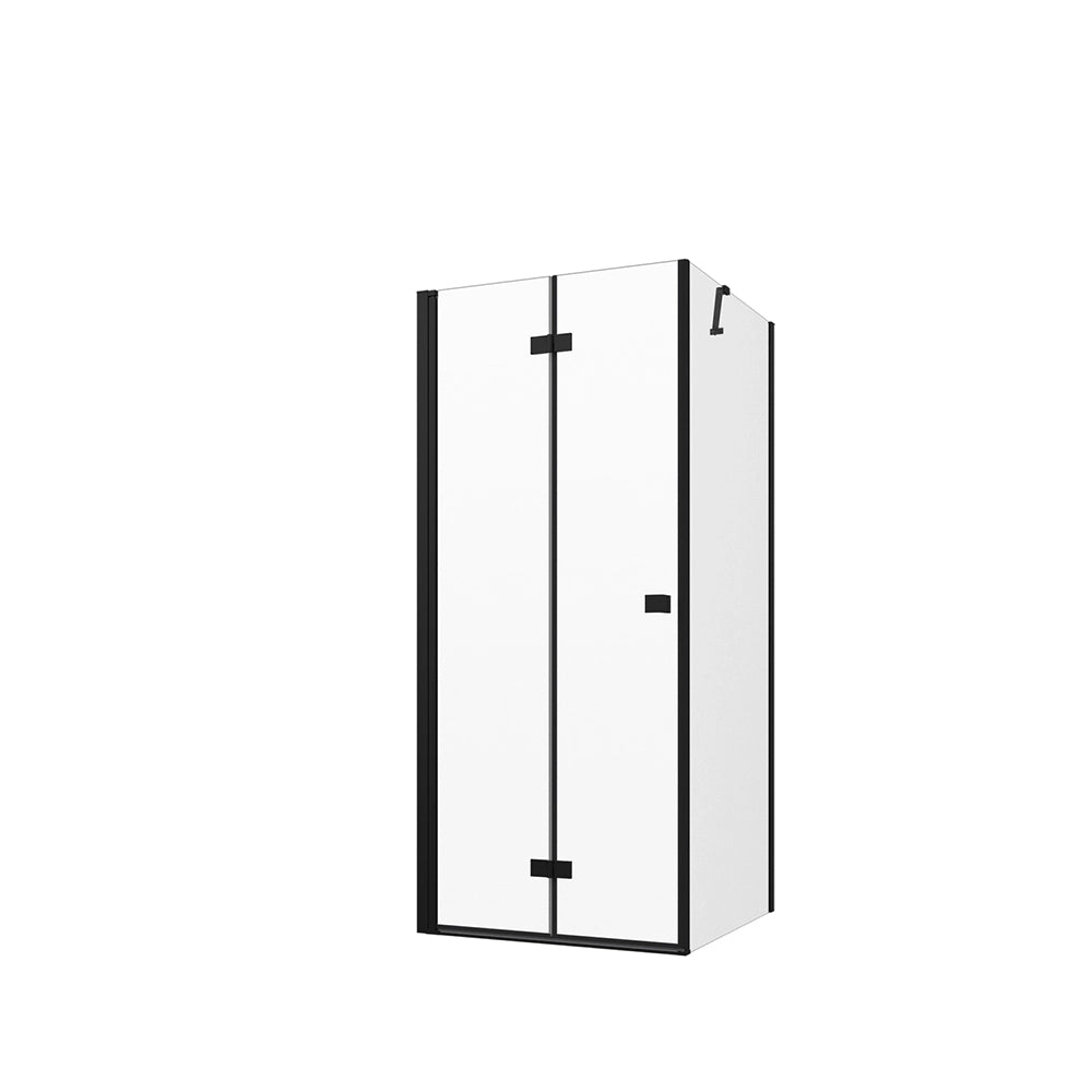 Box doccia 70x70 cm con apertura a libro lato sinistro e parete fissa, profili nero opaco e vetro 8mm trasparente h195 | Fiji