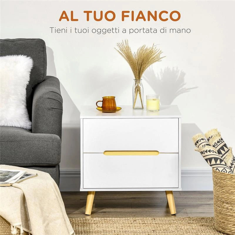 COMODINO MODERNO CON 2 CASSETTI E GAMBE IN LEGNO DI PINO 50X40X50.5 CM BIANCO