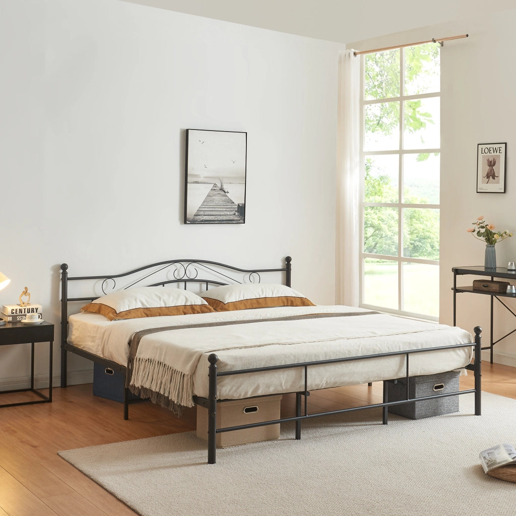 Letto Doppio Florenz in Acciaio con Testiera Alta Decorativa 180 x 200 cm Nero [en.casa]