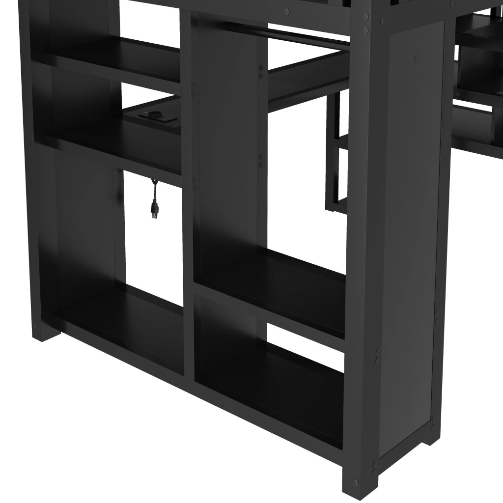 DESMIU Letto a soppalco 140 × 200 cm 2 posti con scrivania, ripiani, LED e armadio aperto, senza materasso, in metallo, nero