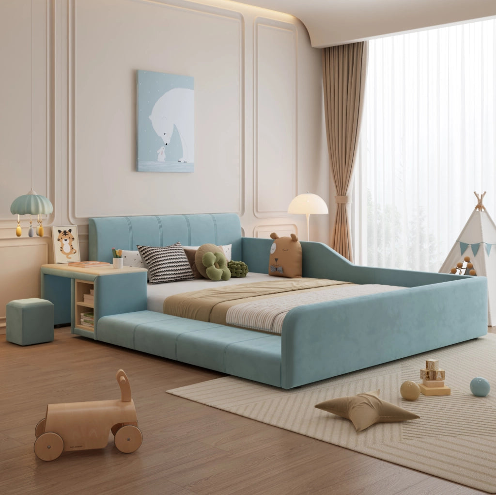 Letto imbottito singolo con scrivania laterale e sgabello 140x200 cm
