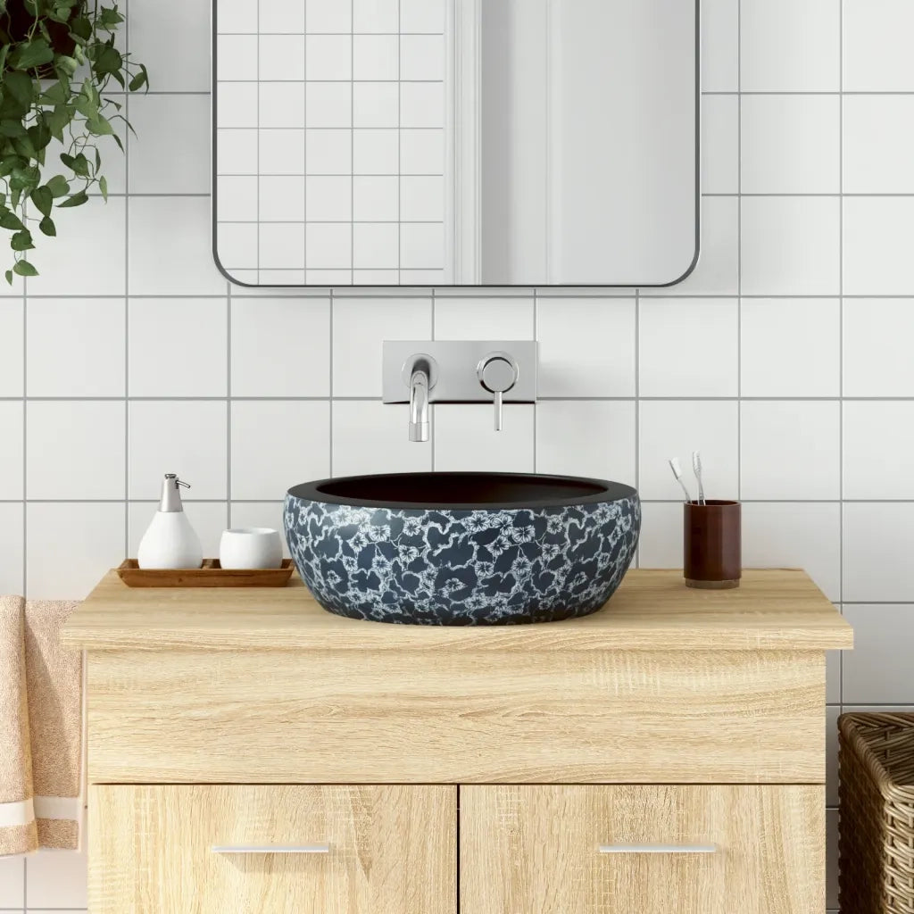 Lavabo da Appoggio-Lavandino-Lavello Nero e Blu Rotondo ¦µ41x14 cm Ceramica 207682