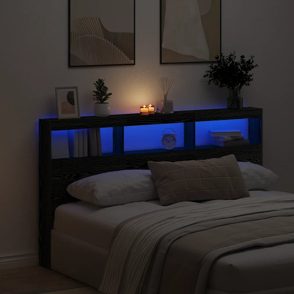 Testiera | Testata con Contenitore a LED Rovere Nero 180x17x102 cm